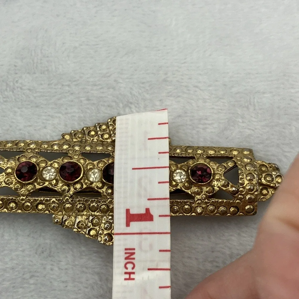 Art Deco Clear Red Rhinestones Bar Brooch Gold Tone Great Gatsby Flapper Glamour